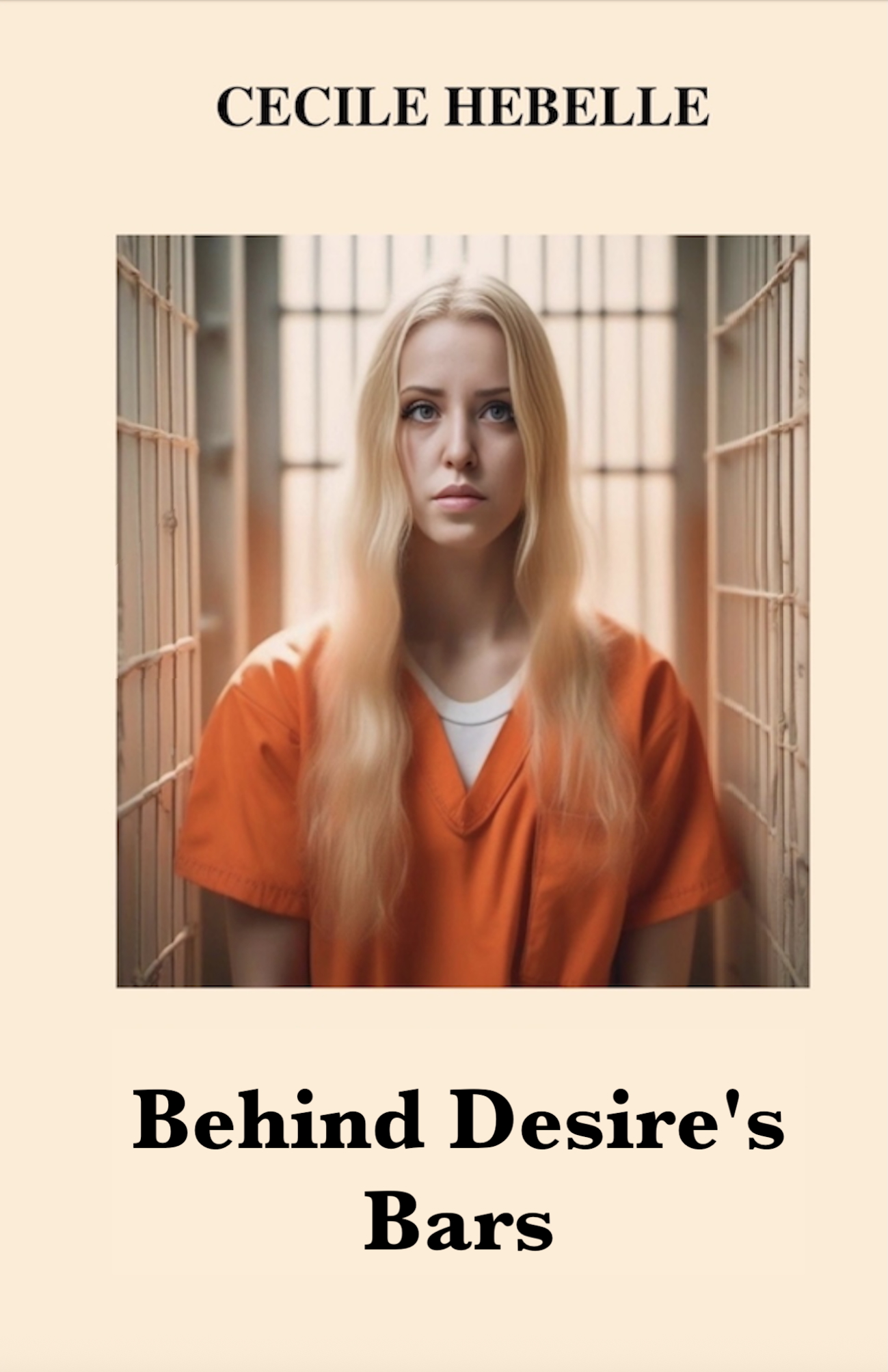 Book cover of Behind the Desir’s bar by Cécile Hébelle, prison Dark Romance with a blonde prisoner portrait.