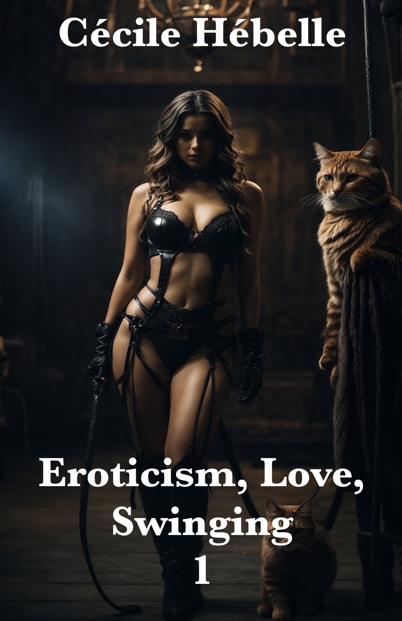 Book cover of Eroticism Love Swinging Volume 1 by Cécile Hébelle, BDSM aesthetic with woman in leather and a cat.